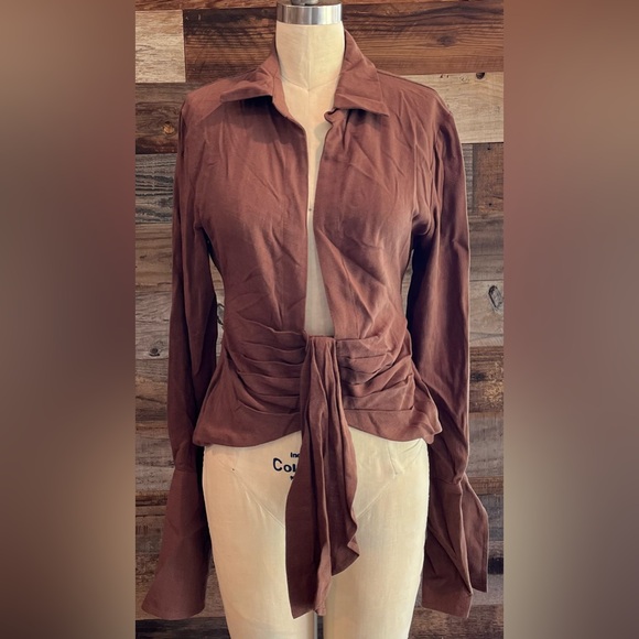 JLUXLABEL Tops - Brown Tie Front Fitted Blouse with Notched Collar